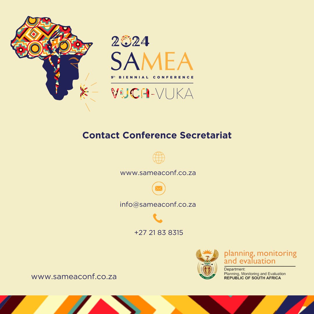 DATES EXTENDED FOR ABSTRACT SUBMISSIONS &amp; WORKSHOP PROPOSALS

Submit your abstract submission/workshop proposal to inspire adaptive, collaborative, and innovative M&amp;E. 

🔗 Visit sameaconf.co.za for submissions &amp; more information.

In partnership with <a href="/EvaluationSA/">DPME Evaluations</a>.