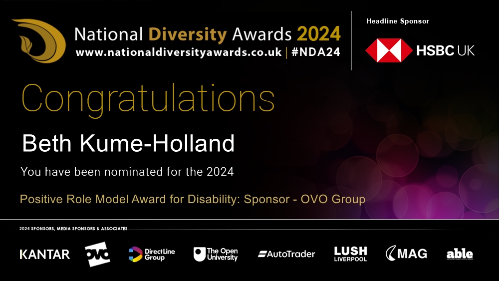 Congratulations to <a href="/BethKumeHolland/">Beth Kume-Holland</a> who has been nominated for the Positive Role Model Award for Disability at The National Diversity Awards 2024. To vote please visit nationaldiversityawards.co.uk/awards-2024/no… #NDA24 #Nominate #VotingNowOpen