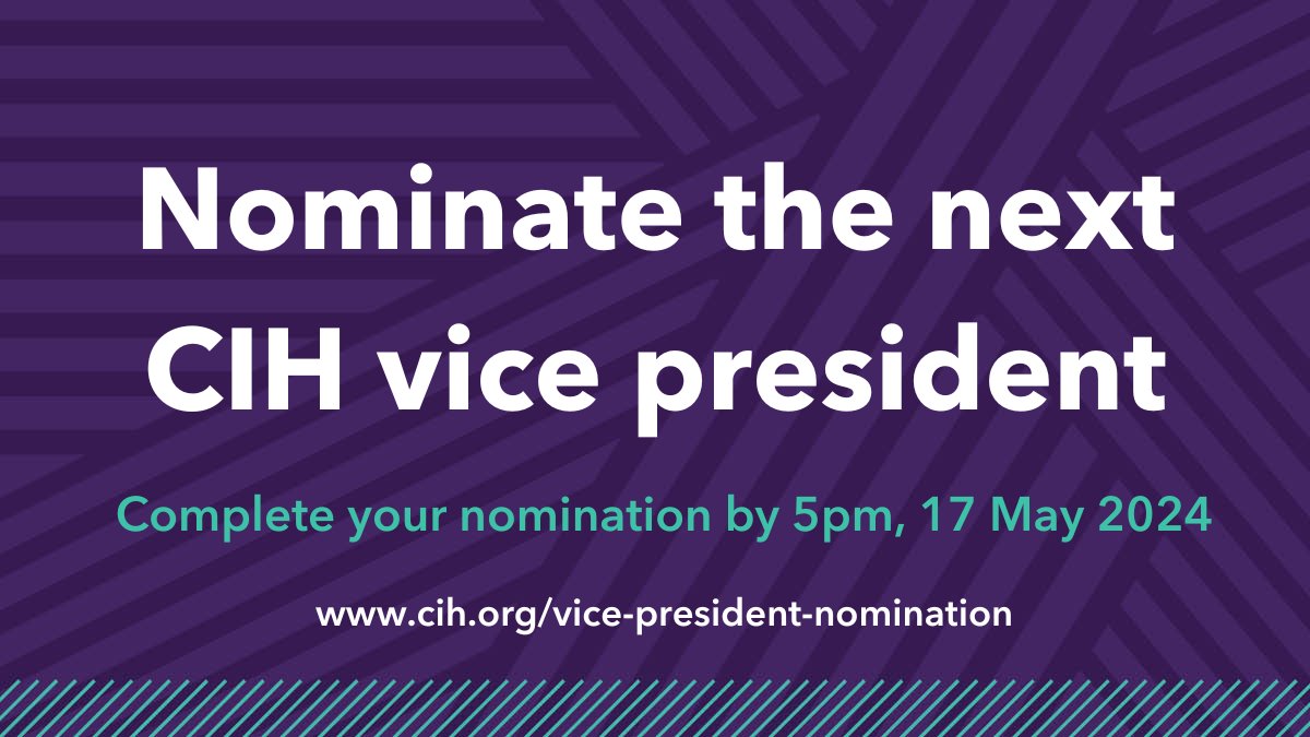 Are you an ambassador for CIH, an inspiration and champion for the housing sector? 🏡🌟 Time is running out to submit your nomination to become the next CIH vice president. Entries close on Friday at 5pm! Submit your nomination➡️ bit.ly/3Q7MjPo #ukhousing