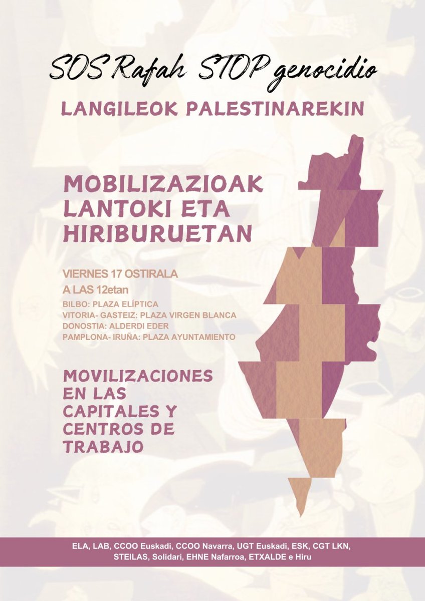 🇵🇸 #WorkersForPalestine Ostiralean mobilizazioak deitu ditugu Hego Euskal Herriko hiriburuetan nahiz lantokietan 'SOS Rafah, Genozidioa gelditu' lelopean Gerturatu zaitez elkarretaratzeetara, erakuts dezagun #LangileokPalestinarekin gaudela 🔗 labur.eus/4VnH9