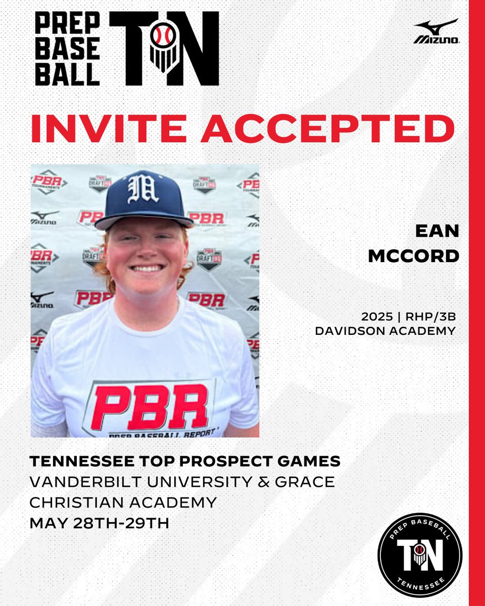 #TNTPG24: 𝗜𝗡𝗩𝗜𝗧𝗘 𝗔𝗖𝗖𝗘𝗣𝗧𝗘𝗗 ✅ + '25 RHP/3B Ean McCord (@DavidsonAcadBB) has punched his 🎟️ to the TN Top Prospect Games on May 28th-29th at @VandyBoys & @GCALionsSports. Request your invite. ⤵️ 🔗: loom.ly/HMqW_Sg // @EanMcCord