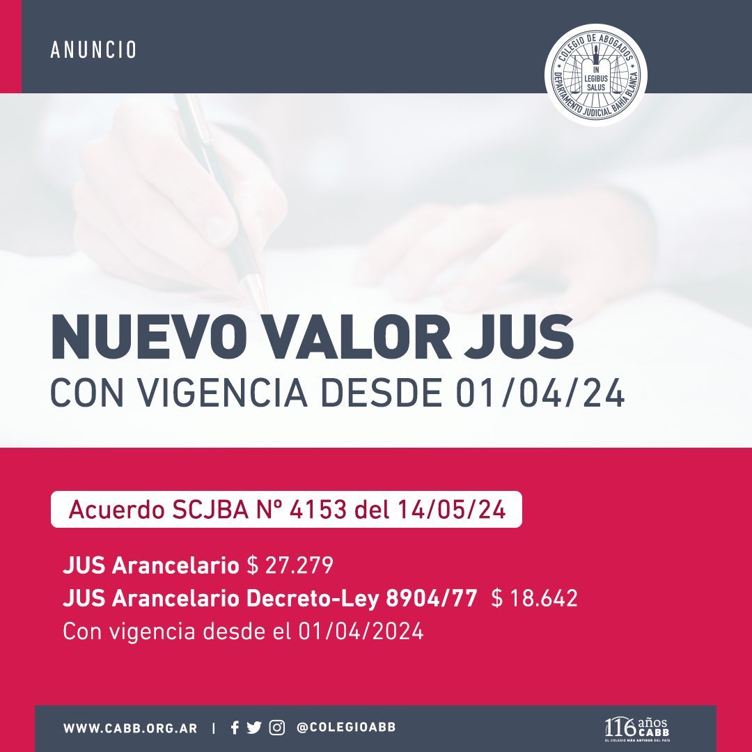 𝗡𝘂𝗲𝘃𝗼 𝘃𝗮𝗹𝗼𝗿 𝗝𝗨𝗦 𝗔𝗿𝗮𝗻𝗰𝗲𝗹𝗮𝗿𝗶𝗼

👉🏻 Ver acuerdo de la SCJBA N° 4153 cabb.org.ar/nuevo-valor-ju…