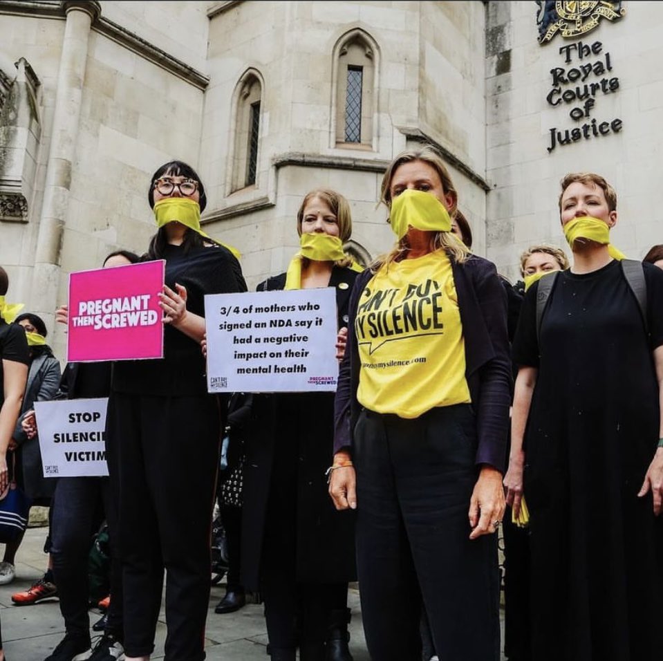 Today we stood, silenced, outside the royal courts of justice to represent all women who have signed abusive NDAs. If they can’t hear us, they might as well see us 🤐 🧵1/