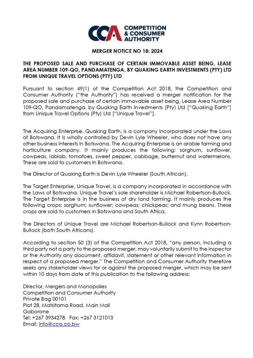 Merger Notice No 18 2024 - Quaking Earth Investments (Pty) Ltd and Unique Travel Options (Pty) Ltd
#seekingstakeholderviews #CCAmergernotice #mergers #acquisitions #mergersandacquisitions #CCApublicnotice @CCABotswana