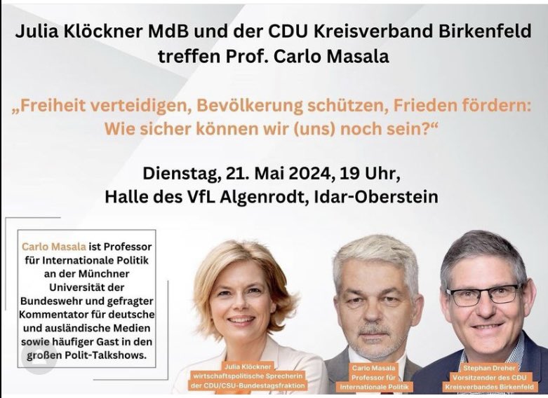 #Wehrpflicht, ja oder nein? Ist 🇩🇪 verteidigungsfähig, welchen Einfluss haben die weltweiten Krisenherde auf Europa? Über diese Fragen sprechen wir mit dem Verteidigungsexperten @CarloMasala1 in der Bundeswehrstadt Idar-Oberstein. Herzliche Einladung! #Bundeswehr #Sicherheit