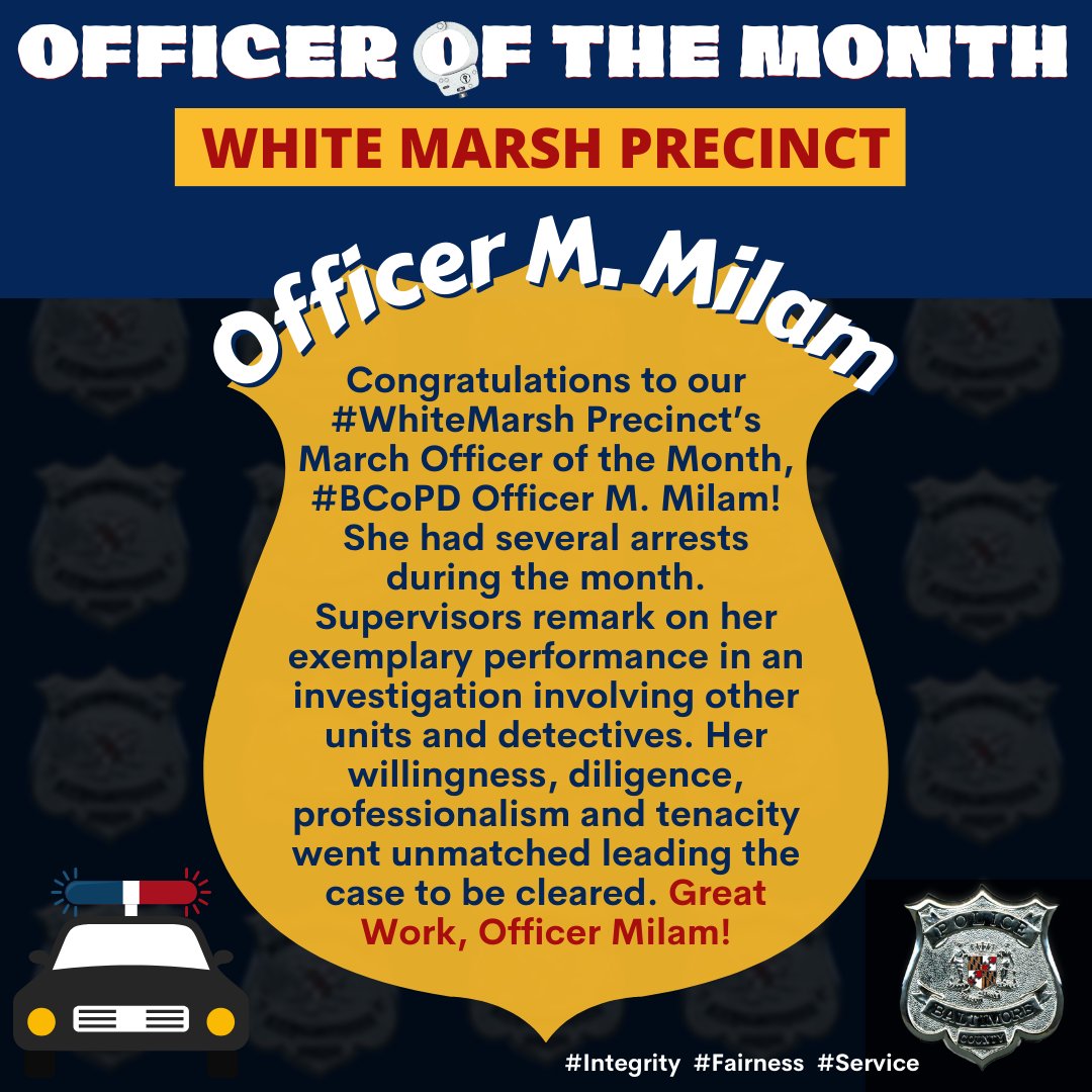 🔊 Congratulations to #BCoPD Officer M. Milam! Officer Milam is our #WhiteMarsh Precinct's March 🏆Officer of the Month🏆! She had several arrests🚨during the month. Supervisors remark on her willingness, diligence, professionalism and tenacity. Well Done, Officer Milam!👏🏼👏🏼 #top