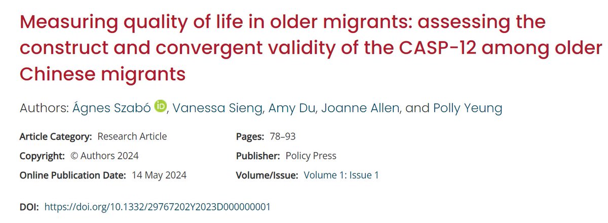 As the global population of older adults diversifies, validating QOL measures across cultures is essential. New study suggests the CASP-12 is partly reliable for older Chinese migrants, but revisions are needed to address bias in certain subscales. doi.org/10.1332/297672…