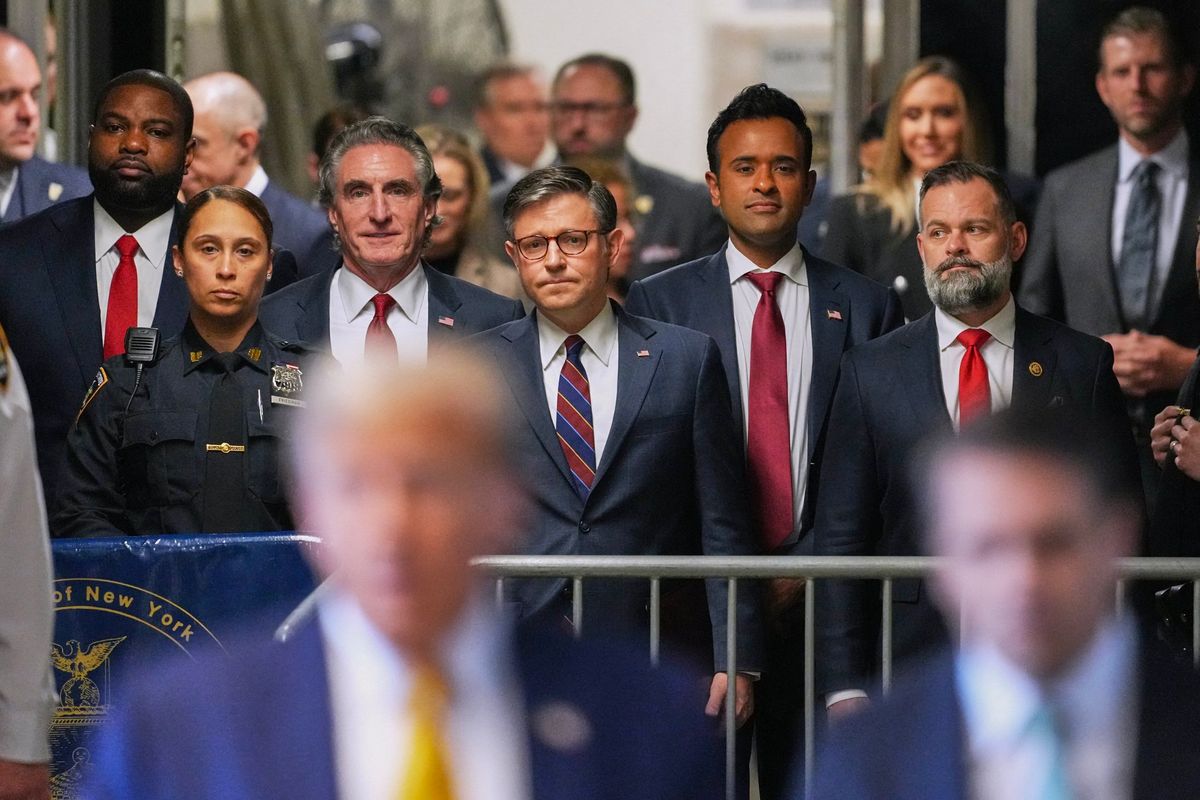 Donald Trump's allies showed up to support the former president in court. 

From left to right: Rep. Byron Donalds, North Dakota Gov. Doug Burgum, House Speaker Mike Johnson, former presidential candidate Vivek Ramaswamy and Rep. Cory Mills. 
nbcnews.to/3UAKBrg