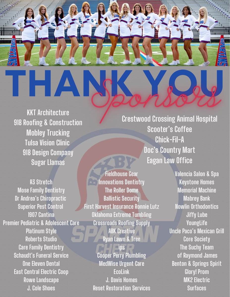 Our seasons are over for the 2023-2024 school year but we couldn’t do it without our support of our sponsors! Thank you to all of our sponsors for supporting Bixby Spartan Cheer &amp; Stunt!! 

 ♥️💙
#PlayLikeChampions | #bixbyspartans | #spartanspirit | #bixbyspartancheer