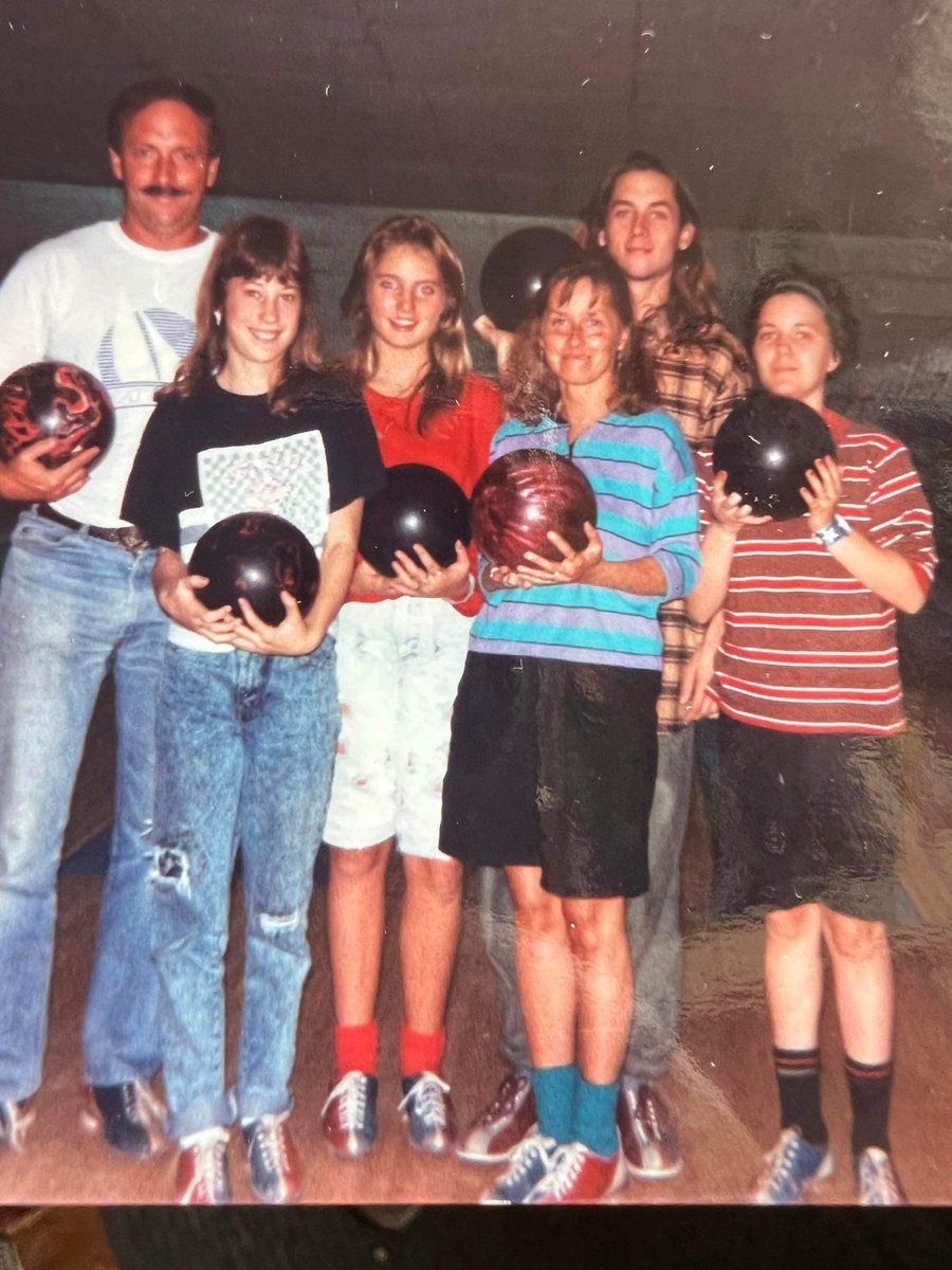 Bowling for dollars with friends and family, 1989 style. Denim was aptly represented.