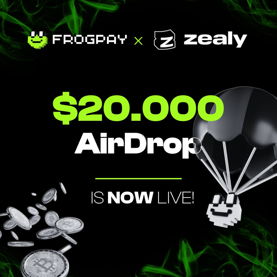 HUGE AIRDROP ANNOUNCEMENT Our $FRGP airdrop campaign is now live on @zealy_io with a reward of $20,000 worth of $FRGP tokens Join us on Zealy today to stay ahead of the AI revolution: zealy.io/cw/frogpayai/q… Complete the tasks to gain points for FrogPay’s massive airdrop!