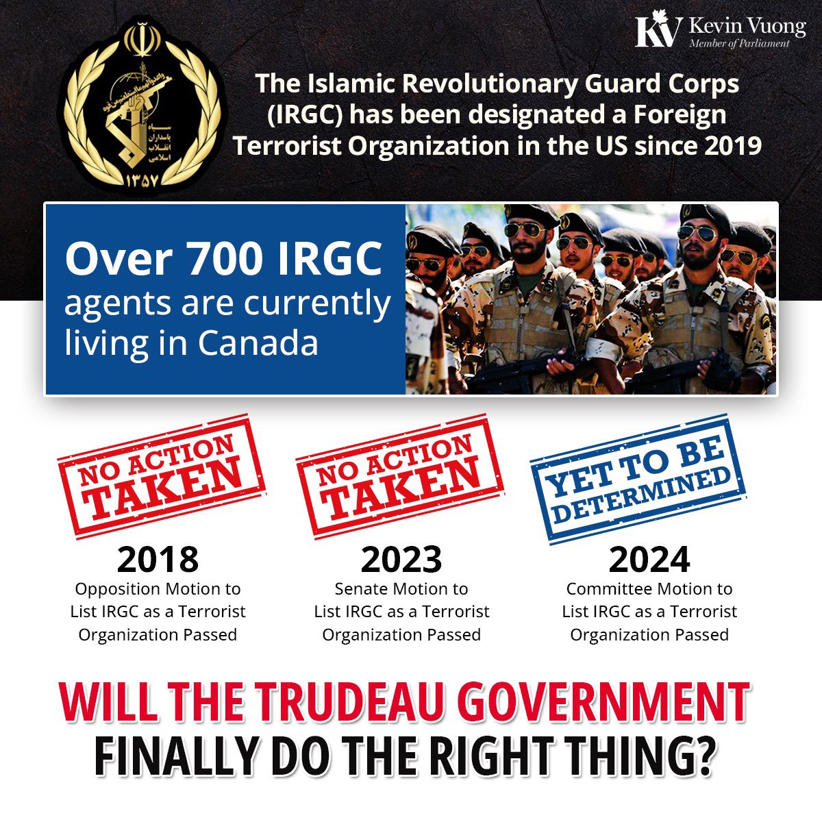 6 years of broken promises.

When will @JustinTrudeau listen to the demands of 🇨🇦’s Iranian community and list the #IRGC as the terrorists that they are?

Inaction is a choice. By choosing to do nothing, Trudeau allows the #IRGCterrorists to fundraise & operate on 🇨🇦 soil.