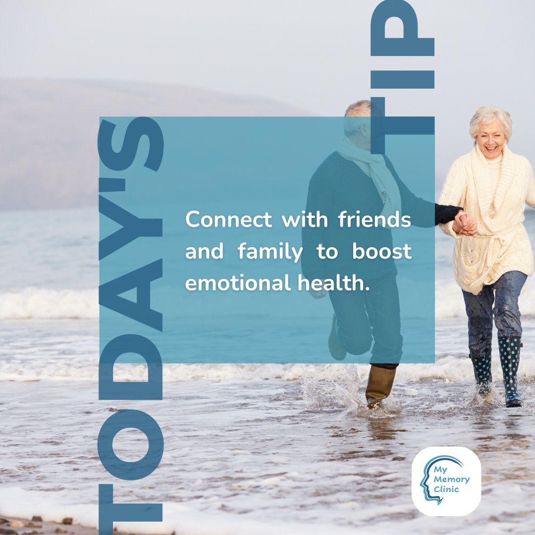 Today's Tip!
Connect with friends and family to boost emotional health.

#AlzheimersAwareness #DementiaCare #EarlyDiagnosis #MyMemoryClinic #drlaird