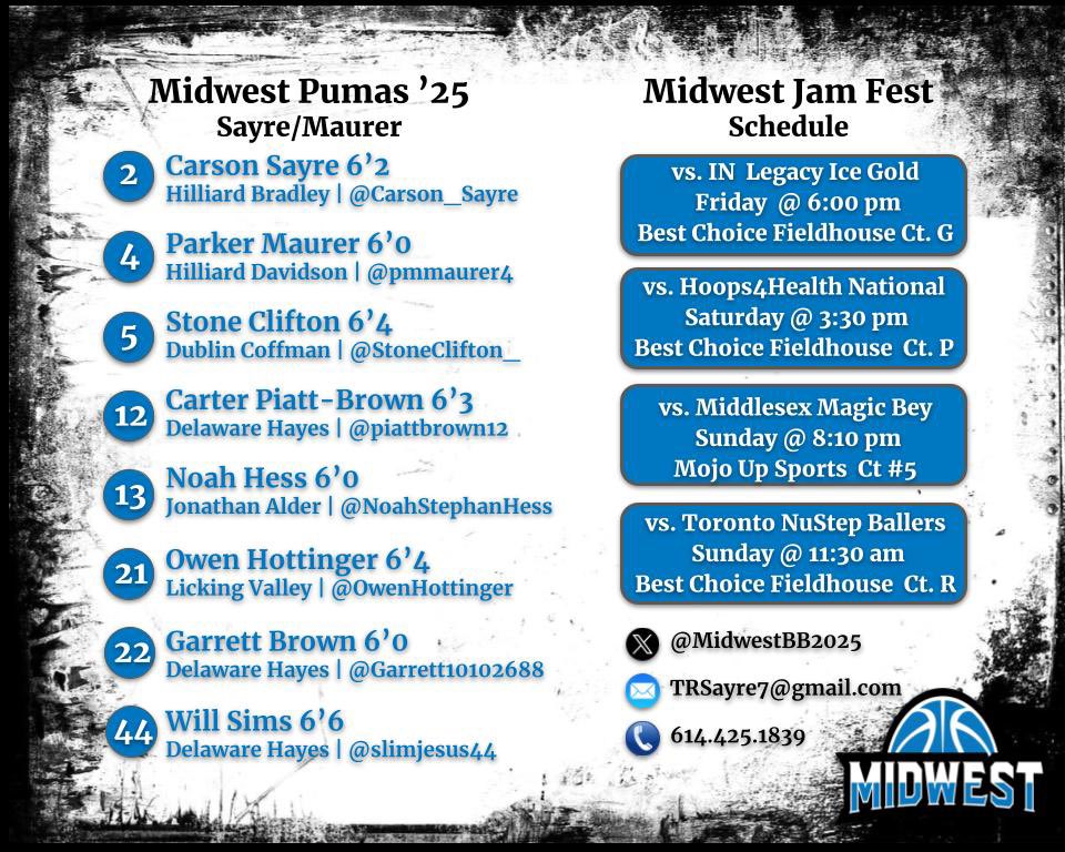 MidwestBB2025's tweet image. 👀 our roster &amp;amp; schedule for this weekend’s @TheHoopGroup Midwest Jam Fest 🏀 tourney, Noblesville, IN📍
@MidwestDirector @mbcgrassroots @BleacherProspec @270Hoops @RL_Hoops @KevinMoses38