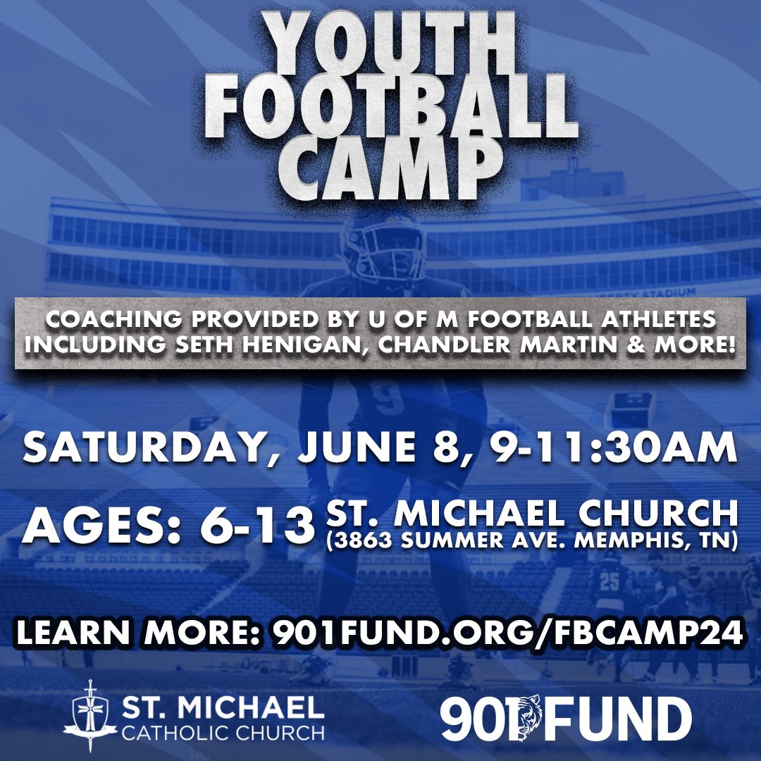 🚨We are excited to announce our second annual youth football camp! We are partnering with St. Michael Church to host a FREE camp where your child will be coached by some @MemphisFB Tigers! Spaces are limited so be sure to register today: 901fund.org/fbcamp24 .