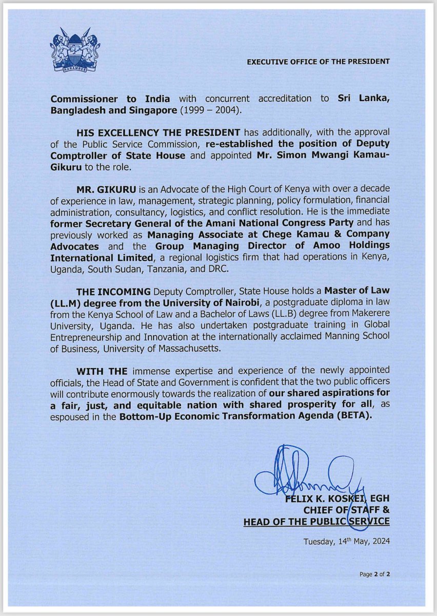 President <a href="/WilliamsRuto/">William Samoei Ruto, PhD</a> appoints Amb. Lazarus Amayo as a Special Envoy for African Union institutional reforms and Mr. Simon Mwangi Kamau Gikuru as the Deputy Comptroller of State House.