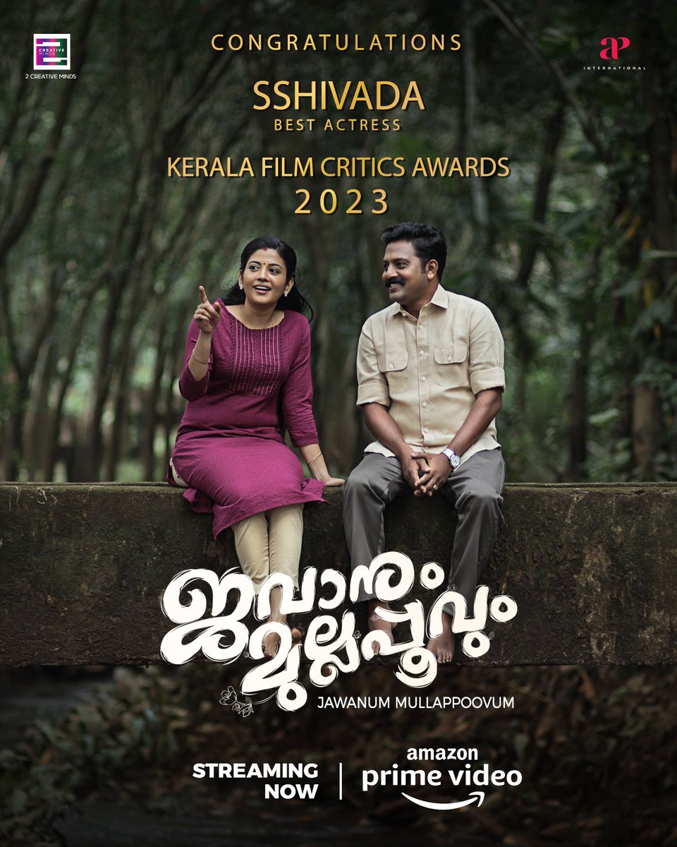 Hearty congratulations @SshivadaOffcl on winning the Best Actress at the Kerala Film Critics Award 2023 for #JawanumMullappoovum! 🌟 If you haven't seen it yet, now's the perfect time. Catch this award-winning film on Amazon Prime Video🎥 primevideo.com/detail/0PTDJGA…