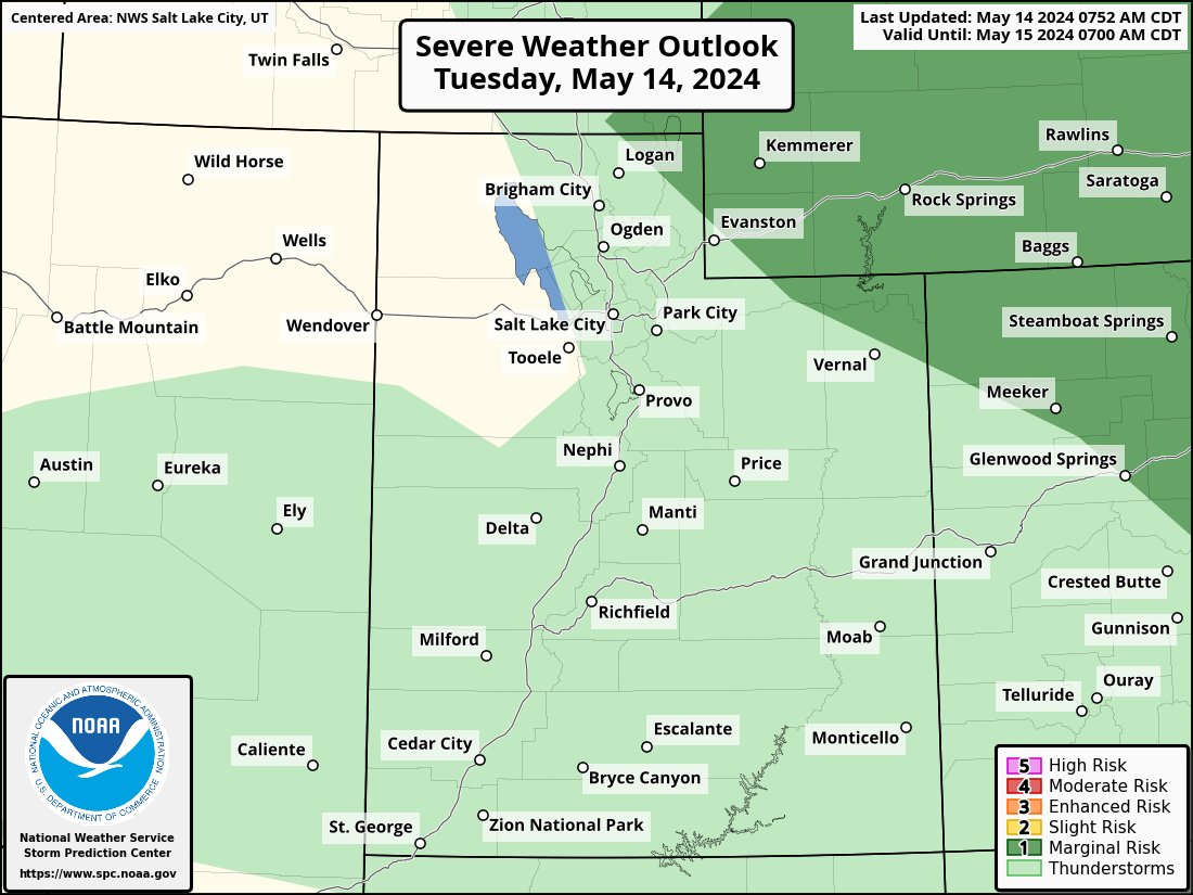 ⛈️A marginal risk of afternoon thunderstorms capable of producing severe wind gusts exists across portions of SW Wyoming and the Bear Lake area today. Stay weather aware if in these areas today, particularly if you're out on the water. #utwx #wywx