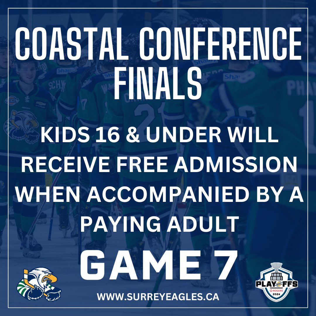 Reminder for game 7 tonight! Kids 16 & under will receive free admission when accompanied by a paying adult! Tickets are selling fast, make sure you secure your tickets asap! 🎟️ tickets.surreyeagles.ca 🎟️ #NowWeGo | #Surrey | #BCHL