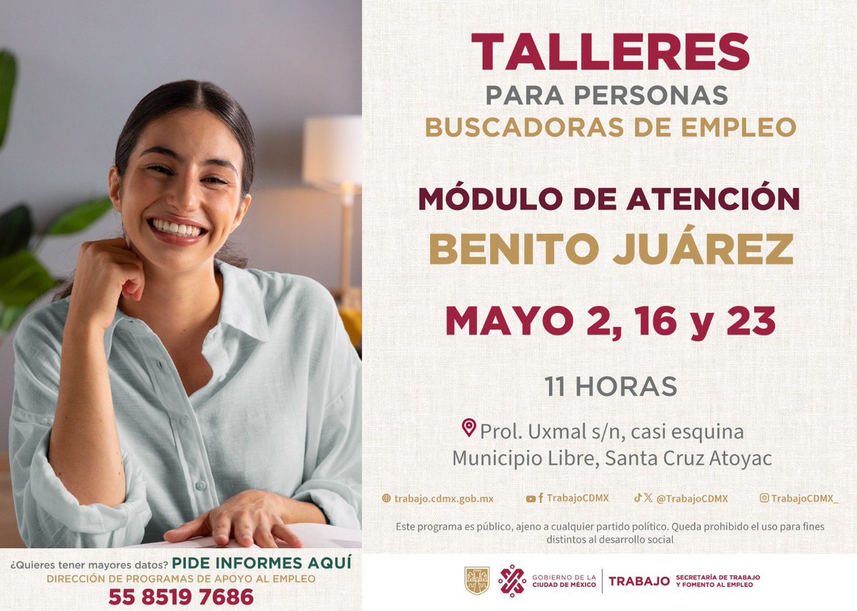 Durante mayo se llevará a cabo en la alcaldía #BenitoJuárez el taller para aprender a responder en una entrevista laboral y realizar un CV de alto impacto. 🧑🏽‍💻👩🏽‍💻 ¡Te esperamos! 📆 23 de mayo ⏰ 11 horas 🔗 Regístrate: bit.ly/436bdnM #TrabajoEnLaCiudad