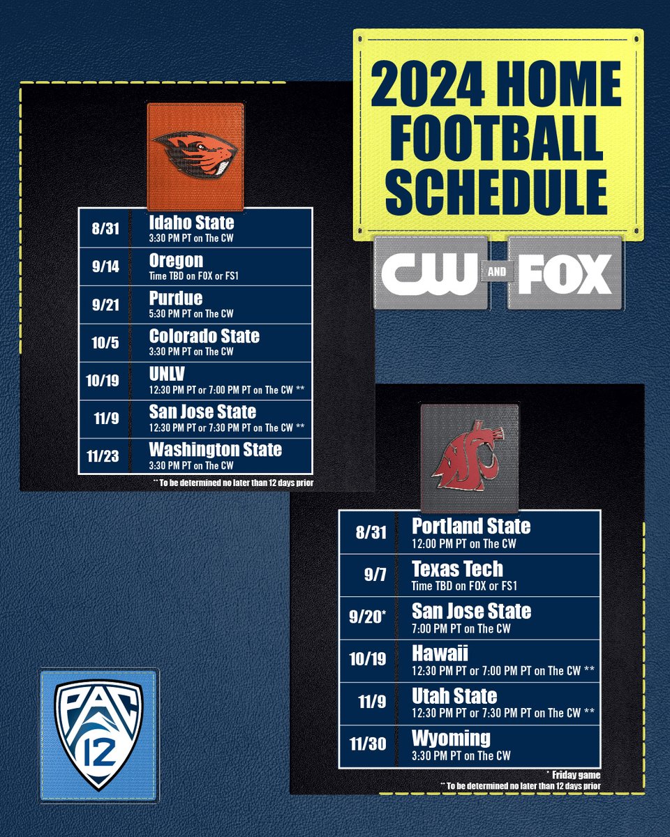2024 Home Game Kickoffs & TV Announced 🏈 Pac-12 Football will be featured nationally across @TheCW & @CFBONFOX in 2024, with confirmed or potential kickoff times & TV selections for all home games set prior to the season! Full release: pac12.me/CWandFOX Schedule ⤵️