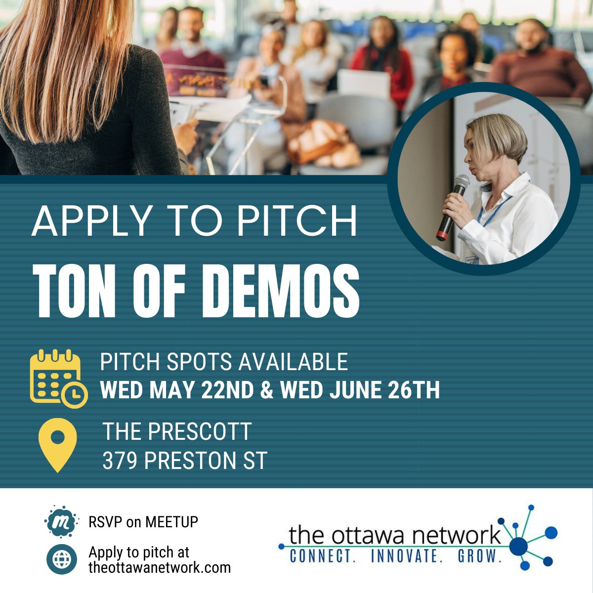 🏷️ Tag an entrepreneur, startup, maker, creator, small business or innovator that could benefit from practicing their pitch or demo and getting some exposure!

We have a few spots left for our May and June pitch nights!

Apply at theottawanetwork.com