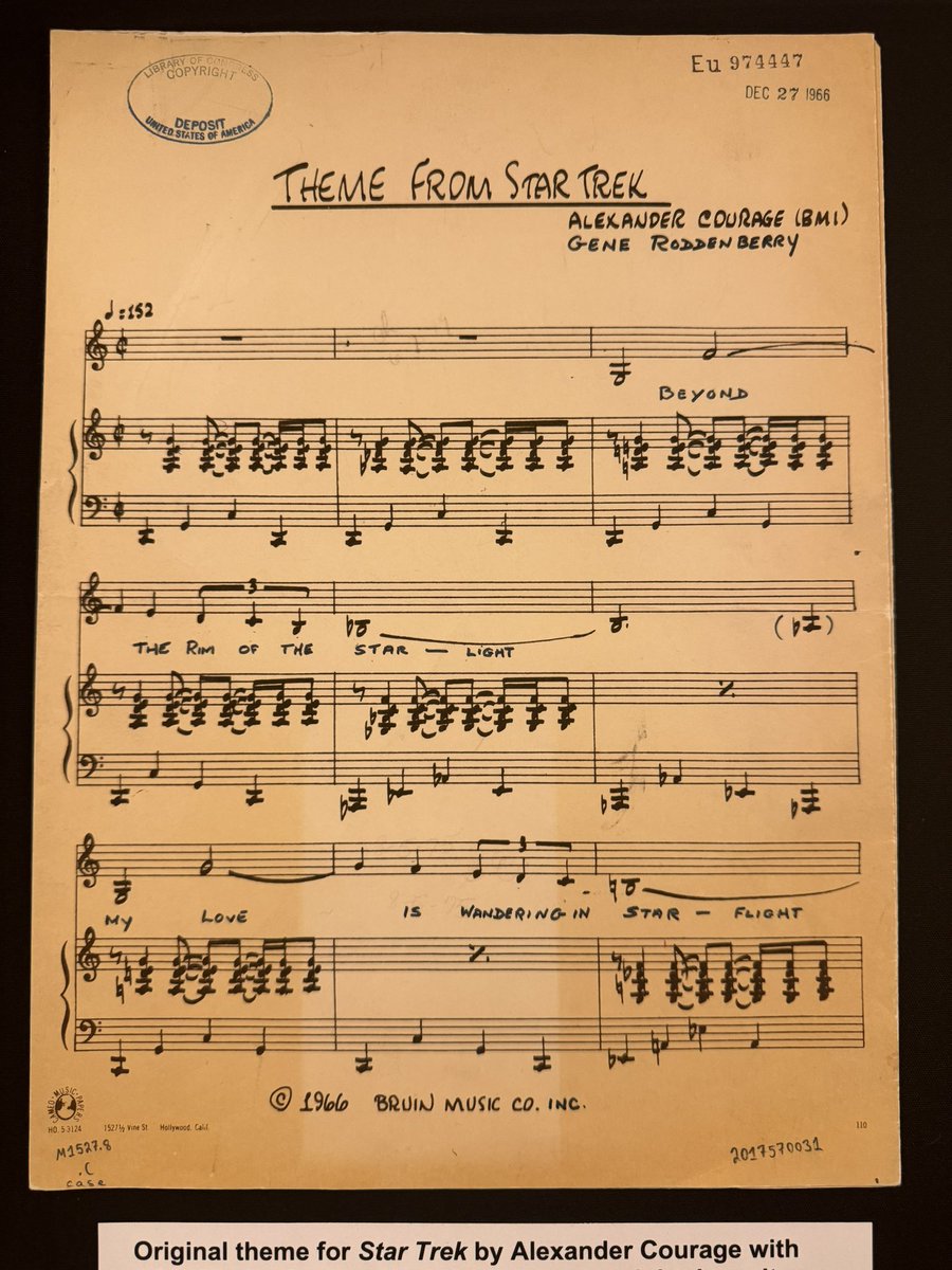 “Live long and prosper.” 🖖🏽
From the @librarycongress collection: 
Copyright deposit of the original “Star Trek” theme by Alexander Courage with added lyrics by Gene Roddenberry, 1966.