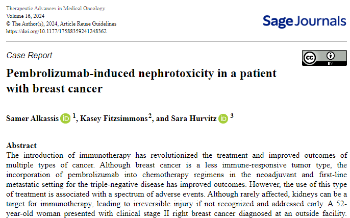 📑Case study by Assoc. Ed. Sara Hurvitz @AlkassisSamer & team highlights the importance of monitoring kidney function during #pembrolizumab treatment in breast cancer. Timely intervention with #corticosteroids can lead to resolution of acute kidney injury journals.sagepub.com/doi/full/10.11…