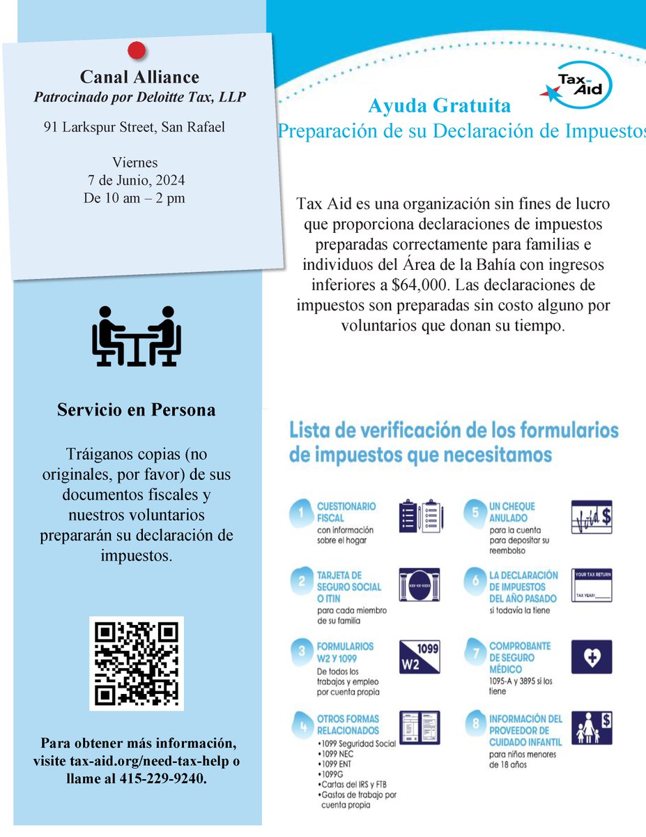 @canalalliance is having a special late tax filing event in San Rafael if you still need assistance with your taxes! 

Visit tax-aid.org to learn more! 

#FreeTaxHelpBayArea