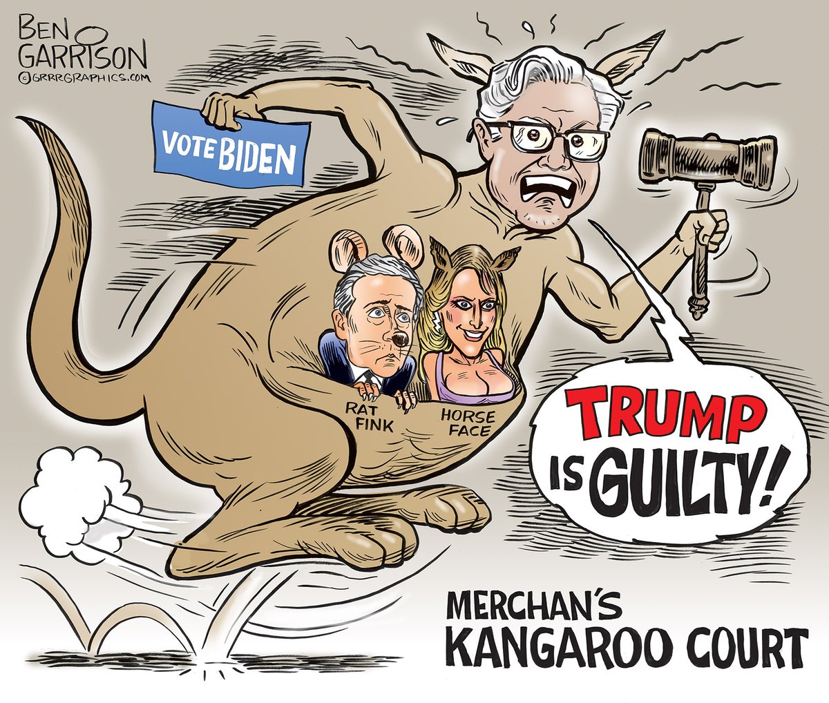 A Pocketful of Liars...Judge Merchan's Kangaroo Court New Ben Garrison Cartoon Michael Cohen, serial liar, and Stormy 'I blacked out and don't remember' Daniels go for a ride in the Kangaroo's pocket. Now NY Appeals Court upholds the gag order on Trump- How corrupt is NY? Read