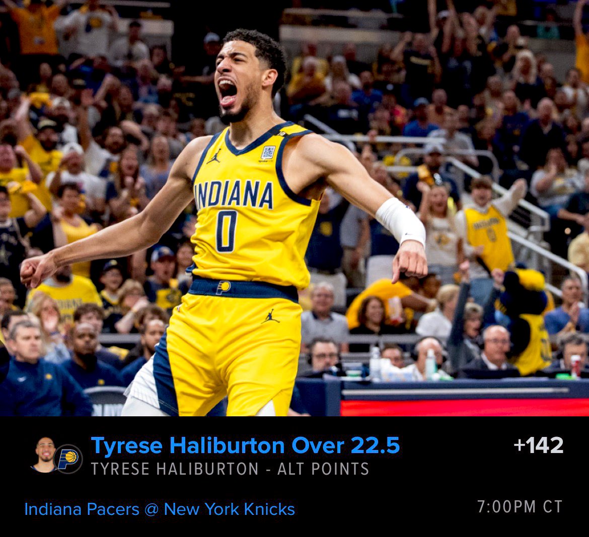#NBAPlayoffs Player Prop #BOOMBABY         Tyrese Haliburton o22.5[Pts](+142) 🗣️: Tyrese Haliburton is back leading the Pacers in shot attempts. Line is too low should be o23.5 easy (Check📊graph in comments) Tyrese Haliburton is going wild vs Knicks last 2 games (w/o…