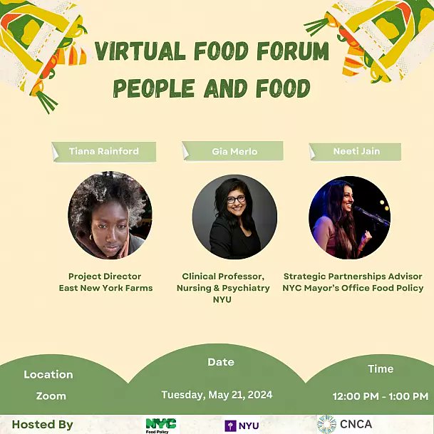 JOIN US for this Virtual Food Forum next week focused on transforming the food system. Focused on people and planet. Hosted by @nycfood @NYUCGA @CarbnNtrlCities RSVP: events.nyu.edu/event/335150-v…