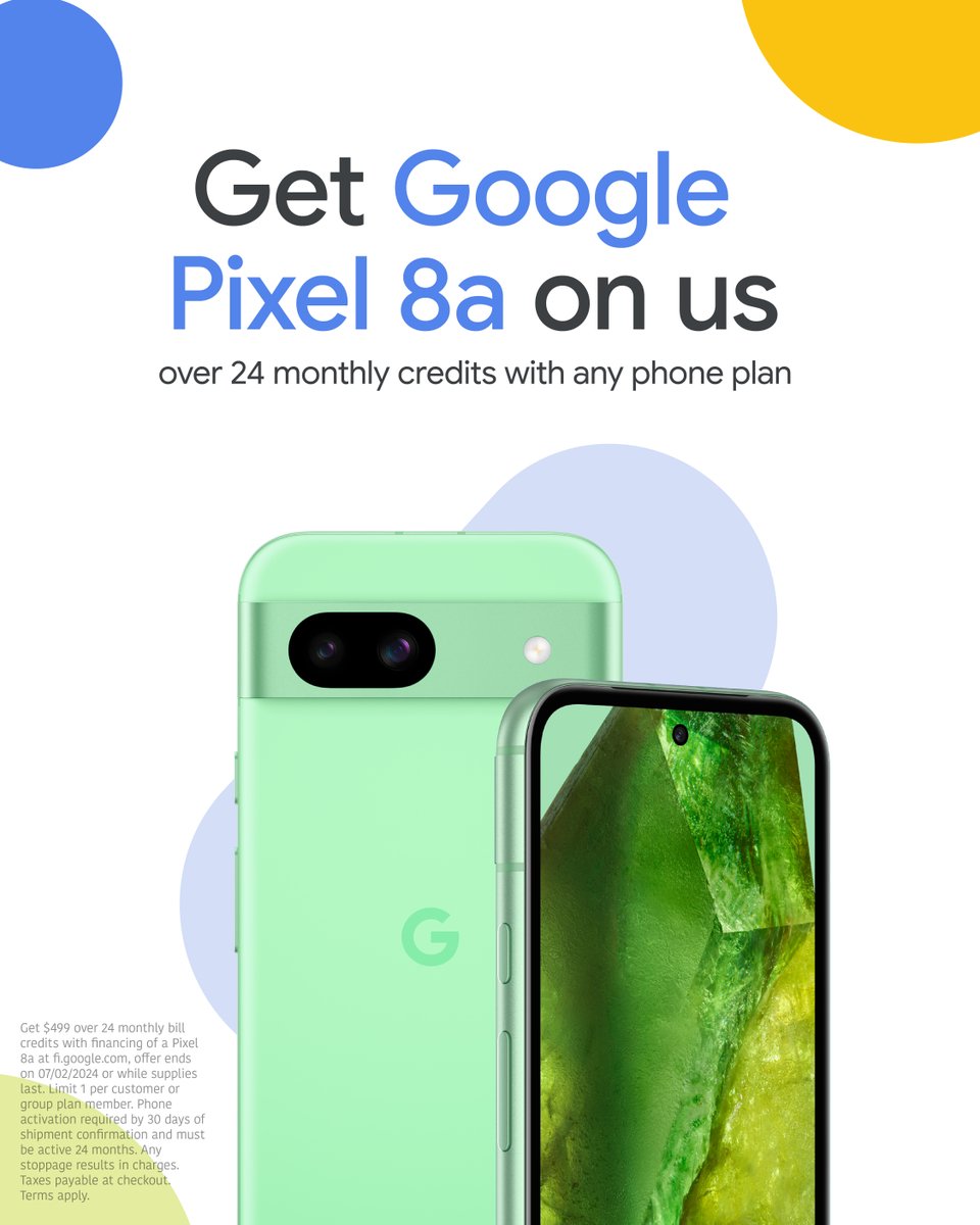 The new @MadeByGoogle Pixel 8a is now available 🥳 

Get it on us over 24 monthly credits when you sign up for any plan on Fi. Buy now → goo.gle/4bzvcyg