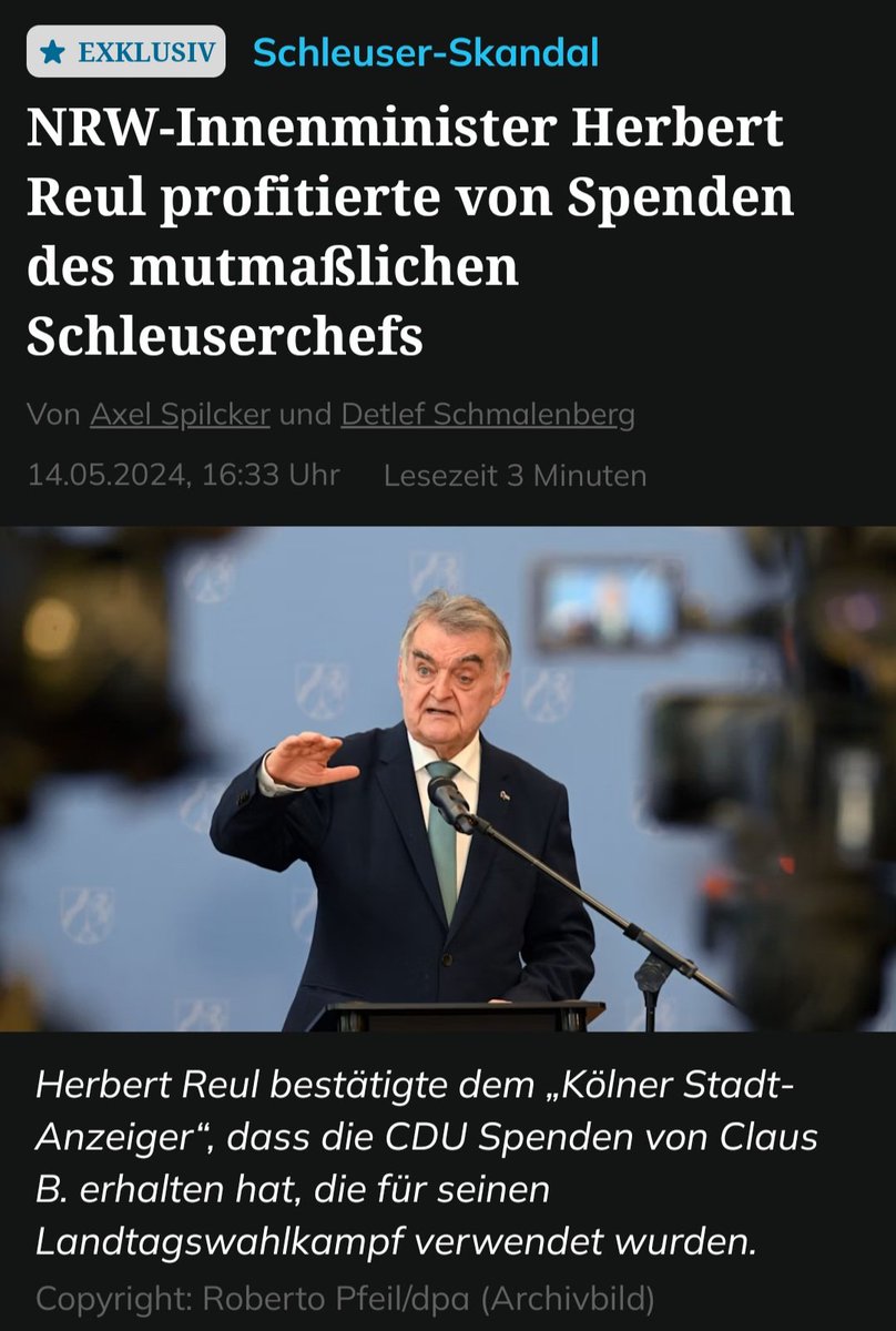 BREAKING NEWS 🇩🇪 #CDU Saubermann und Innenminister von NRW Herbert #Reul profitierte von Spenden des mutmaßlichen Schleuserchefs. Was sagen #Haldenwang und Faeser dazu? Bitte teilen! 🇩🇪 #AfD #hartaberfair #illner #Maischberger #Lanz