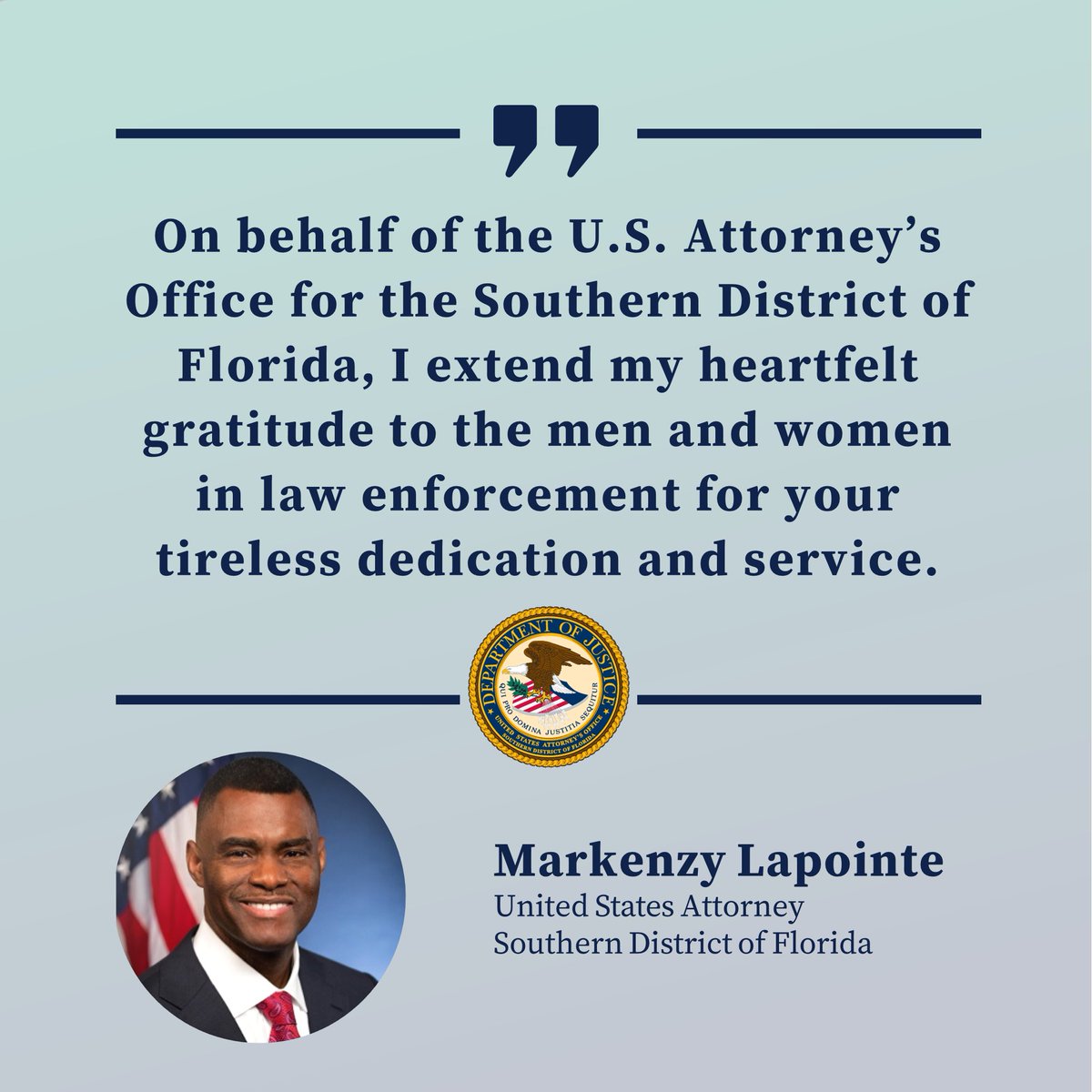 U.S. Attorney Markenzy Lapointe celebrates the contributions of law enforcement during National Police Week 🔗:justice.gov/usao-sdfl/pr/u… #NationalPoliceWeek2024 #policeweek2024💙