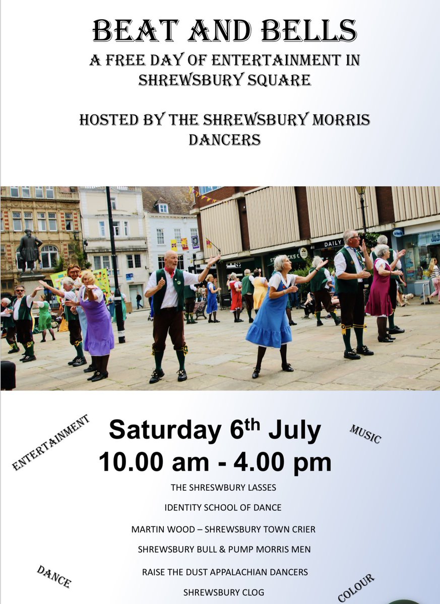 This, #Shrewsbury Square, Sat July 6th, 10am-4pm. Us, with lovely guests. A day of music, fun, colour and dance……and it’s free! We’d all love to see you 👍😊🪗💃🕺