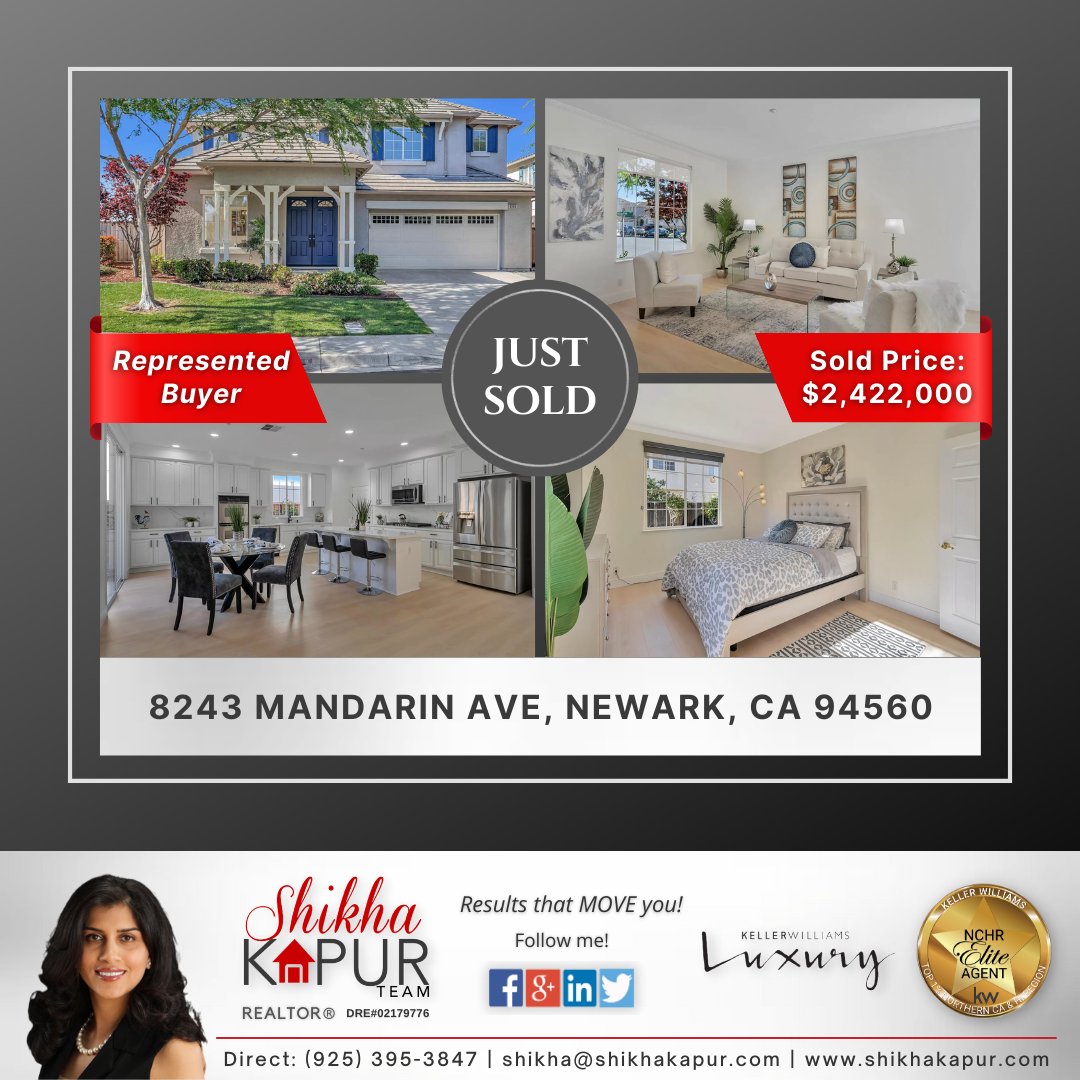 Just Sold! 🏡

📍8243 Mandarin Ave in Newark was aggressively grabbed before its open house and is now sold! Congratulations to the new homeowners. Welcome to the neighborhood! 

#shikhakapurteam #skt #shikhakapurrealtor #eastbayarearealtor #bayarearealtor #realestate