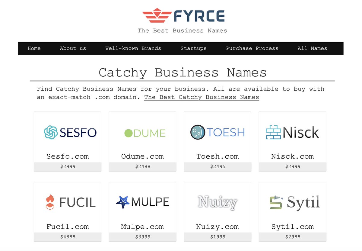 Fyrce_com's tweet photo. Catchy Business Names for sale at Fyrce

https://t.co/7IcYlRWgll

#CatchyBrandNames #CatchyBusinessNames https://t.co/PD26gOb6tD