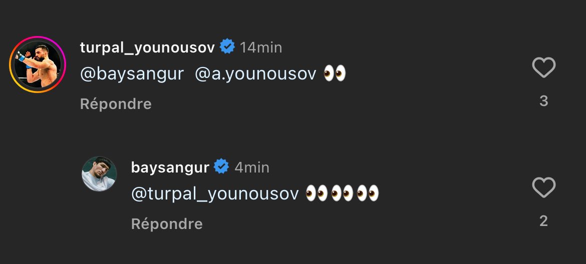 Sous la publication de @LaSueur_off annonçant la 3e édition de l’UFC Paris, Turpal Younousov et Baki nous donnent l’eau à la bouche 👀🔥