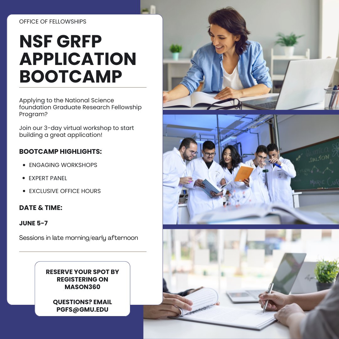 Are you a US citizen 1st-year #STEM #gradstudent @GeorgeMasonU? Consider applying to the NSF GRFP! We're hosting an application bootcamp to get you ready. @MasonGradLife @MasonGradEd #scholarship @GMU_COS @Mason_CEC