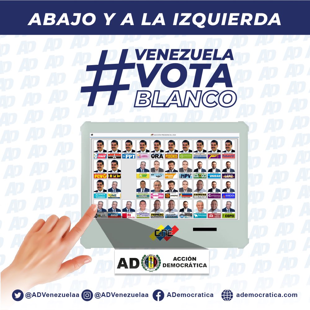 El #28Jul 🗳️ ABAJO Y A LA IZQUIERDA 

En la tarjeta blanca de #AcciónDemocrática 🙌🏻

<a href="/Luisemartinezh/">Luis Eduardo Martínez</a>
PRESIDENTE 🇻🇪

#VenezuelaVotaBlanco 🏳️