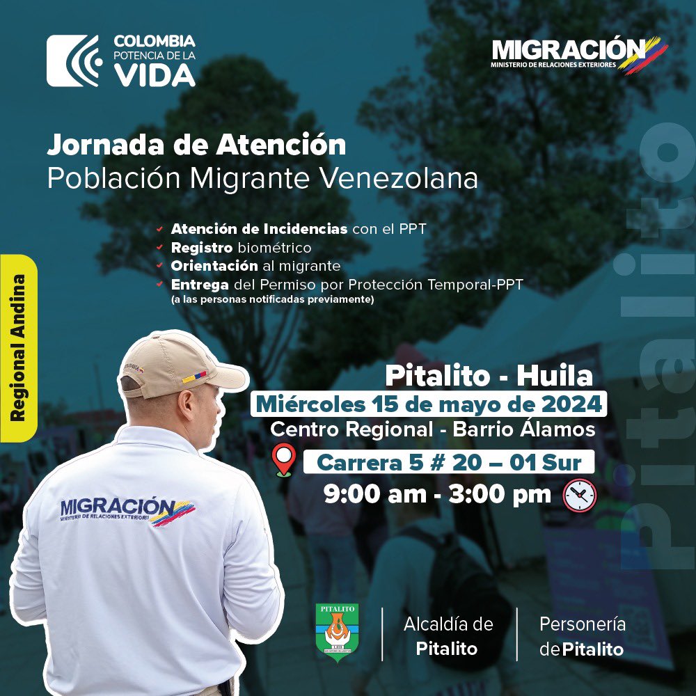 🚨Atención población migrante venezolana en el Huila @MigracionCo llega al municipio de #Pitalito con una jornada de atención con todos los trámites del #PPT 🗓️ Miércoles 15 de mayo 📍Cra. 5 # 20 -01 sur ⏰ 9 a.m - 3 p.m. #LaLlaveDeLaIntegración