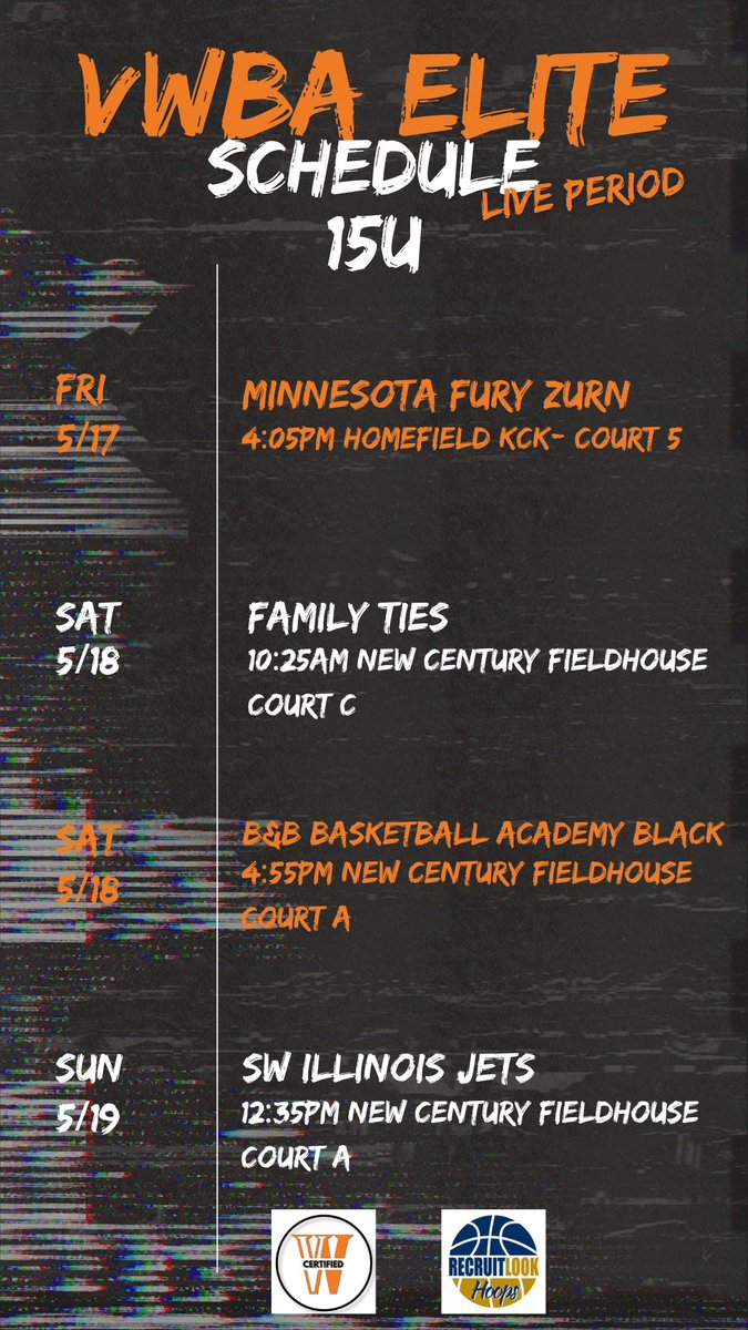 VWBA Elite Schedule for this weekend..‼️ ***NCAA Live Period May 17th-19th*** Homefield KCK 9250 State Ave Kansas City, KS 66112 United States @RL_Hoops @RL_HoopsKS @RL_HoopsMO @PrepHoopsMO @PrepHoopsKS @vicwilli @mattgore1234 @CoachT_3 @AMB2Live