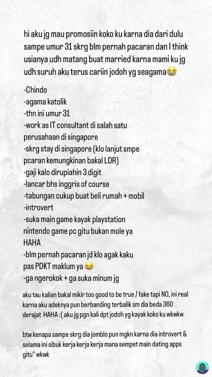 💚 mau ikutannn promosi koko ku hahaha adaa cewe yg minat sama koko ku ga? yg seagama & kalo bisa chindo jg huhu rep umur & domisili yaa nanti aku DM sekalian kasih kontak koko