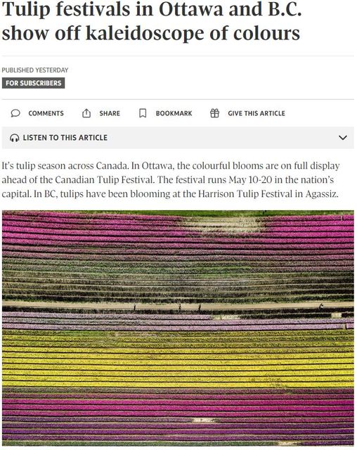 Happy to see the beautiful Tulip fields of Canada's #1 riding featured nationally.
#tulipfestival
