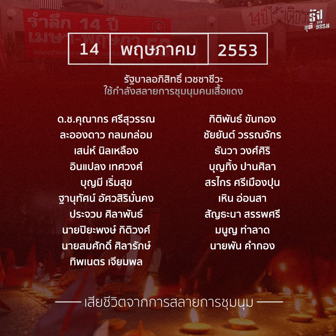 รำลึกวีรชนเมษา-พฤษภา
ขอความยุติธรรมคืนมาแด่ประชาชน

#รัฐยุติ_ธรรม
#14ปีเมษาพฤษภา53
#หยุดคุกคามประชาชน