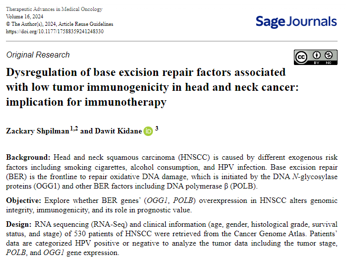 🔬 Investigating the role of base excision repair factors in head and neck cancer: Implications for tumor immunogenicity and potential targets for immunotherapy. Read the full study to learn more: journals.sagepub.com/doi/full/10.11… #HNSCC #ImmuneResponse