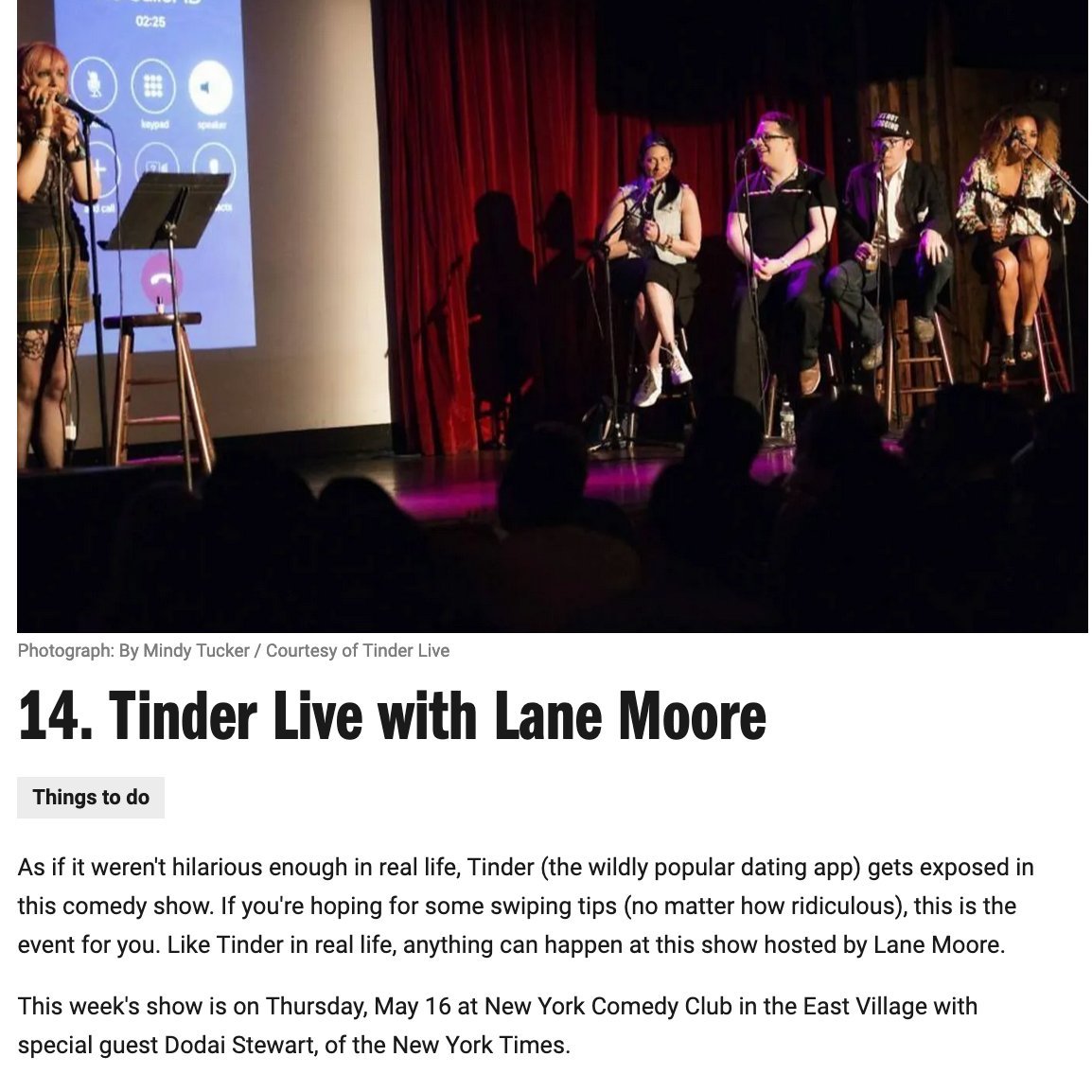 If you're in NYC + need to laugh more than you have in months, TimeOut says one of the best things you can do is see TINDER LIVE with me + @dodaistewart May 16, 8:30pm!!! We'll swipe through Tinder, YOU choose where the show goes. Don't miss it ok? OK!!🪩 newyorkcomedyclub.com/events/tinder-…