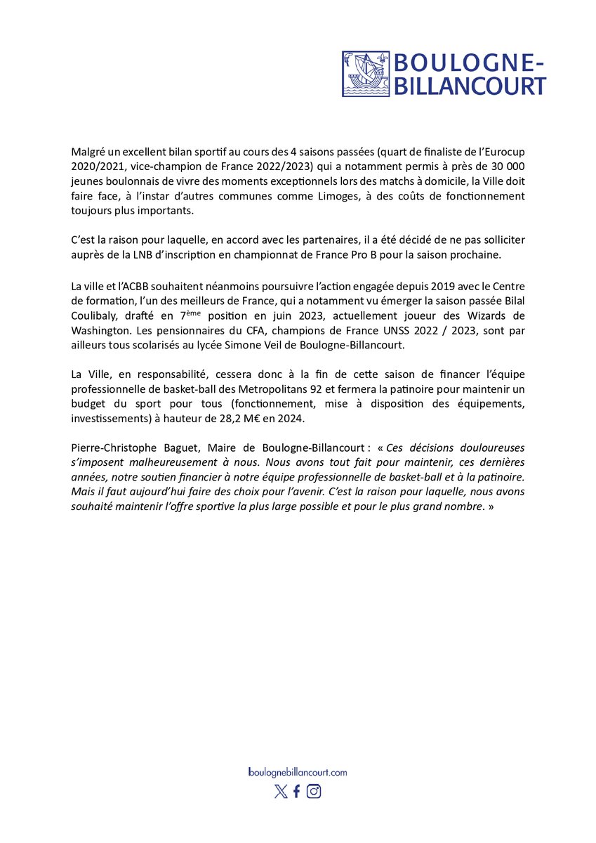 Patinoire, @Metropolitans92 : la Ville de Boulogne-Billancourt souhaite favoriser une pratique sportive plus respectueuse de l'environnement, associative et de loisirs. Communiqué 👇