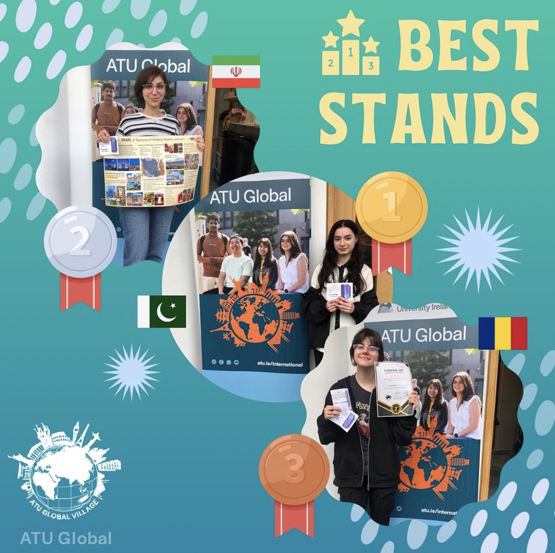 Congratulations 👏 to the winners of the Best Stand Competition @atu_ie Global Village Event held @atusligo_ie 📆 April 16th last. 🥇 Pakistan 🇵🇰 🥈 Iran 🇮🇷🥉 Romania 🇷🇴 #ATUGlobalVillage #ATUCultureWeek